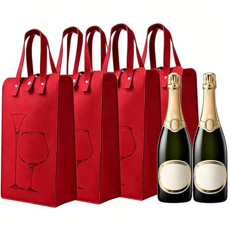 Ruaizel 4 Stück Flaschentasche Filz 2 Flaschen, Tragbare Wiederverwendbare Flaschenträger Filz Stabil, Wein Geschenktüten für Hochzeit, Weihnachten, Weintasche für Reisen, Picknick, Camping