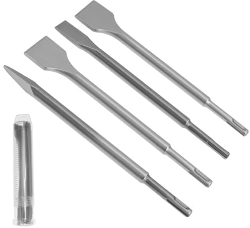 QWORK Masonry Chisel Set, 4-Piece Tile Removal Chisel Bits for Rotary Hammer Drills - Flat, Wide, Pointed & Bent Tile Chisels