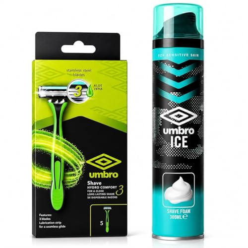 Umbro Ice Shave Foam 300ml with Hydro Comfort 3 Blade Disposable Razors, 5 Pack Duo Set