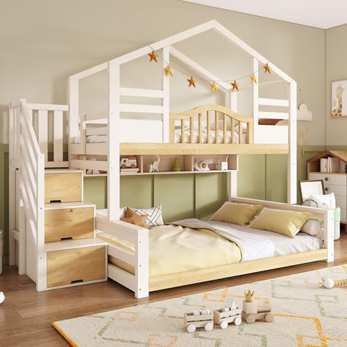 SURUEO Bunk Beds for Kids, Staircase Bunk with Storage Space, Small House-shaped Children's Bed, Double Bunk Bed for Family with Multiple Children, (90+135) x 190 cm, Solid Wood, White & Natural