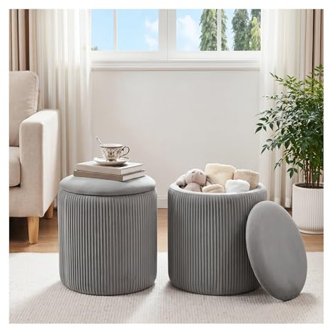 INMOZATA Round Storage Ottoman, Velvet Storage Stool Upholstered Vanity Stool with Removable Lid, 37.5x39.5cm Foot Rest Stool for Living Room Bedroom (Grey)