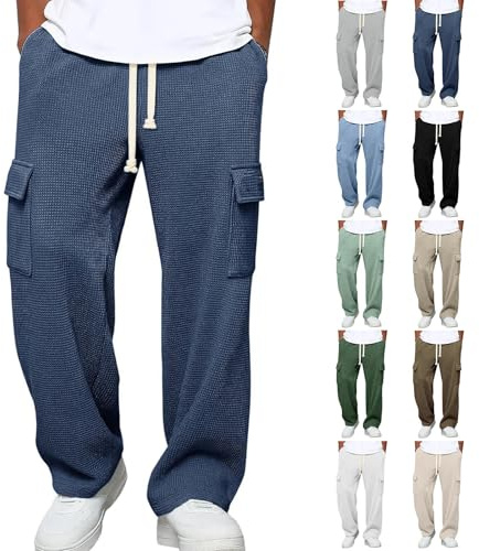 Pantalon Cargo Homme Coupe Large Jogging à Gaufres Pantalons de Survêtement avec Poches Taille Élastique Cordon Serrage Sport Casual Décontracté Streetwear pour Sorties Quotidiennes et Détente