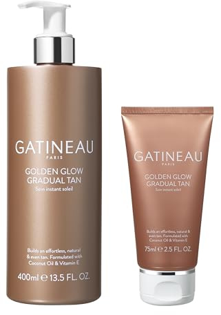 GATINEAU Golden Glow Gradual Tan 400ml + 75ml | Self tan lotion with 2 in 1 body moisturiser. Coconut Oil & Vitamin E formula for easy application and buildable natural tan
