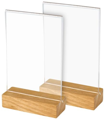 HMF Akrylbordsstativ i DIN A6 stående format, bordskortshållare med massivt träbas av ek, 2 stycken, T-stativ, glasklar