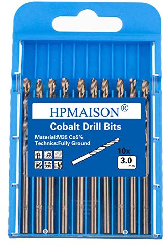 HPMAISON 10 Piezas Juego de M35 HSS Brocas de Cobalto 3mm Broca espiral para Acero Inoxidable, Metal, Cobre, aluminio, Plástico, Madera