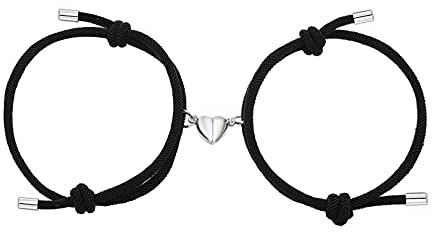 Bsoepnr Couple Magnetic Bracelets, Relationship Bracelet Couple Gifts for Boyfriend Girlfriend Men Women and Your Lover, 2 PCS Mutual Matching Couple Bracelets with Love Heart Pendant(Black)