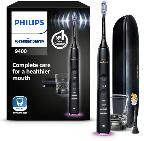 Philips Sonicare DiamondClean Smart 9400 Electric Toothbrush, Sonic Toothbrush with App, Pressure Sensor, Brush Head Detection, 4 Brushing Modes and 3 Intensity Levels, Black, Model HX9917/89