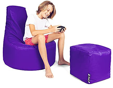 PATCH HOME Patchhome Gamer Cushion Lounge Cushion Bean Bag Armchair Seat Cushion Bean Bag + Cube / Stool with Zip Already Filled (Purple, XXL, Diameter 80 cm Chair + 35 x 35 cm Cube)