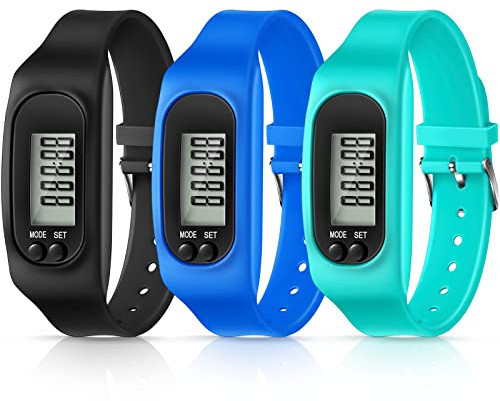 Silicone Fitness Tracker Watch 3 Pcs Walking Running Pedometer Calorie Burning and Step Counting Bracelet Steps Pedometer Watch for Walking Men Women (Mint Green, Sky Blue, Black)