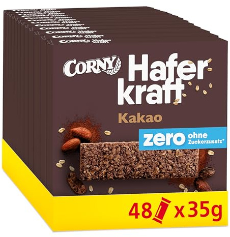Haferriegel | Corny Haferkraft Zero Kakao | Veganer Müsliriegel ohne Zuckerzusatz | Mit Haselnüssen | Energiereicher Snack für unterwegs | 48x35g