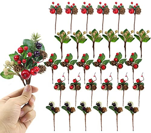 Feizeisun 30 Pcs Artificial Pine Picks, Wrapping Accessories Pine Cones Red Berry Stems Christmas Foliage for Present Wrapping Christmas Wreath Decorations DIY Xmas Crafts - 5 Styles