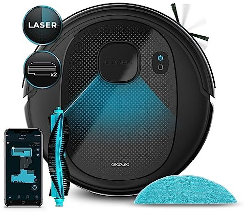 Cecotec Robot Aspirateur Conga 7490 Eternal X-Treme. iTech Laser Eye, Plan de pièce, 3000 Pa, Autonomie 110 Min, Surface Totale, 4 en 1, Brosse Multifonction, Lavage oscillant, App, 8 Modes