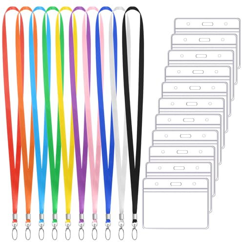 Ausweishülle mit Band Set, 10 Stück Transparente Kartenhülle 10 Stück Schlüsselband Schwarz mit Drehbarem Clip, Ausweishalter für Studenten Mitabeiter