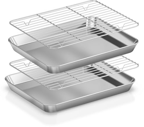 Fire More Teglie da Forno con Griglia di Raffreddamento in Acciaio Inox,Set di 4[2 Teglia Forno+2 Grigliaper Cuocere e Servire], Atossica e Sana, Facile da Pulire e Lavabile in Lavastoviglie