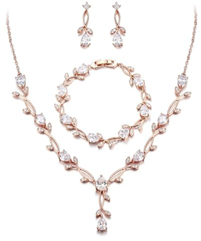 EVER FAITH Set di gioielli da sposa per damigella d'onore Teardrop Cubic Zirconia foglia di vite prom collana orecchini pendenti set bracciale donna, cubica