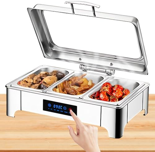 BOVDC Chafing Dish Elettrico, 9L Scaldavivande Elettrico per Buffet Acciaio Inox, Chafing Dish Buffet Elettrico Temperatura Regolabile con Coperchio Visibile(B, 1/3 PAN)
