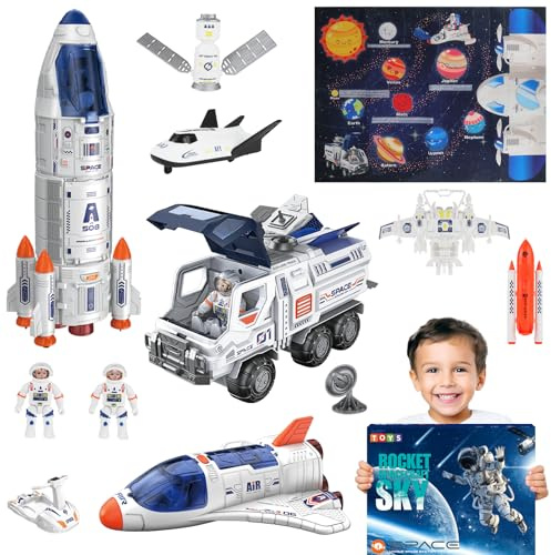 deAO Space Rocket Toys Set for Kids with Lights, Sounds and Smoke, Educational Space Toys with Solar System Mat, Space Shuttle, Astronaut Figures, Space Rover and Spaceship Toy for 3+ Years Boys Girls