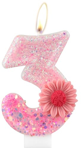 mciskin Velas de 3er Cumpleaños de Margaritas, Velas Rosas con el Número 3 para Tarta, Decoraciones de Tercer Cumpleaños para Niñas, Decoraciones de Tarta de Velas con Flores Rosas para Decoraciones
