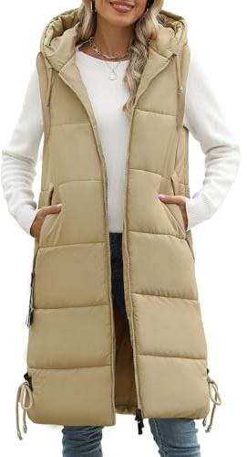 Vancavoo Chaleco Acolchado Mujer Invierno Largo Chaqueta sin Mangas Chaleco de Plumas Chaquetas con Capucha Abrigo de Cálidos on Bolsillos(Caqui,S)