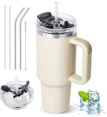 ZAKVOP Taza Termo cafe para Llevar, Taza Termica 1200ml con Tapa y Pajitas, Vaso Termico con Asa, Tumbler para Frío y Caliente, Travel Mug con Tapa Multifunción (Blanco Crema)