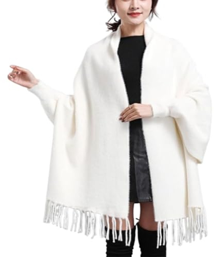 QKCQQTS Manteau Poncho décontracté à Pompons Ouvert sur Le Devant, châle en Velours Imitation Vison pour Femme avec Manches et Cape en Peluche (White,One Size)