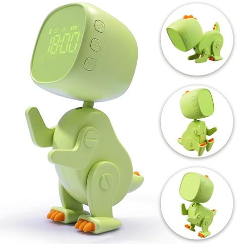 Dzaayediiy Réveil pour enfants, filles, garçons, réveil numérique pour enfants, veilleuse, dinosaure, snooze, avec alarme à 3 groupes, son et luminosité réglables via charge USB, vert