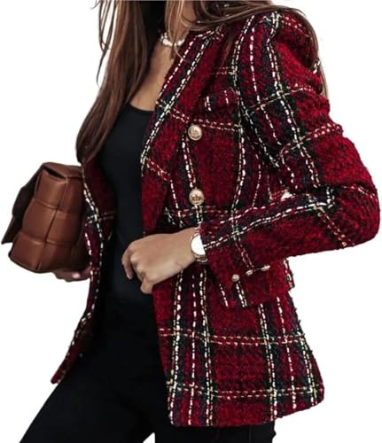 Blazer A Quadri da Donna Giacca in Tweed Stampato A Quadri Doppiopetto con Risvolto alla Moda Blazer Casual Elegante da Ufficio (Rosso,M)