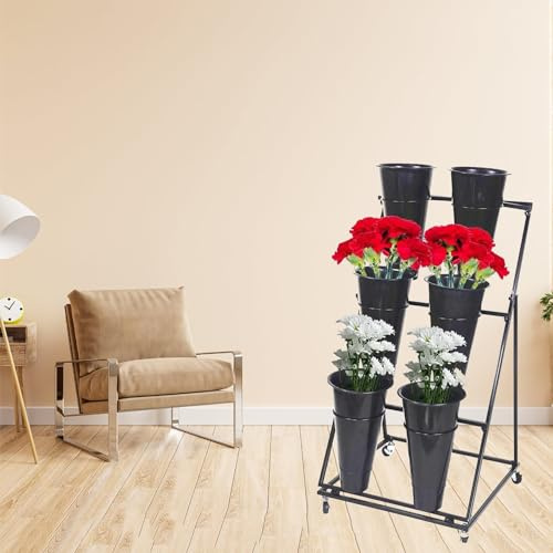 KEPMOGOH Étagère avec Seaux et Support de Fleurs à Roulettes Robuste pour Magasin, Bouquet en Plein Air, Jardin, Terrasse, Événements (3 Tiers 6 Bla)