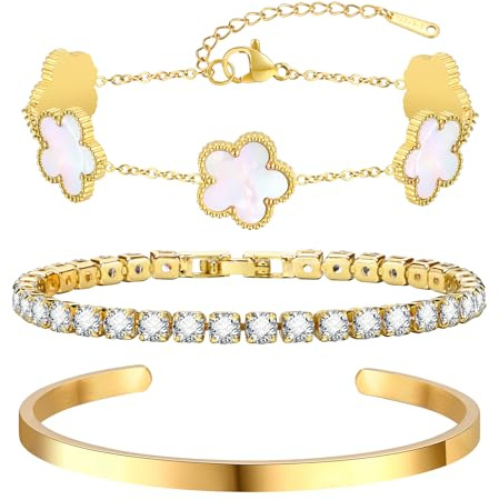 XUANPAI 3 st armband för kvinnor presenter till kvinnor vän – 18K karat förgylld blommig armband dam justerbar CZ amband set silver guld stapelbara armband jul födelsedagspresent, 19cm, Rostfritt stål