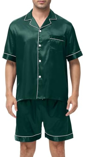 Dmmtot Conjunto de pijama de seda satinada para hombre, 2 piezas, con botones, pantalones cortos, ropa de descanso con bolsillos, cómoda, ligera, transpirable, para verano, ocio, comodidad, ropa de