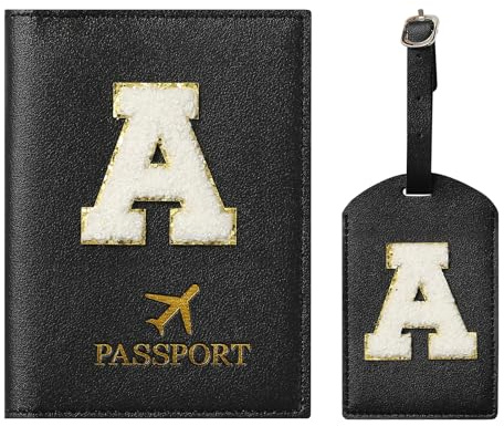 ZVRSUA - Set di custodie per passaporti e etichette per bagagli, con patch per lettere, custodia per passaporto personalizzata, accessorio per bagagli, regalo molto carino per le donne, Nero , 14.5cm