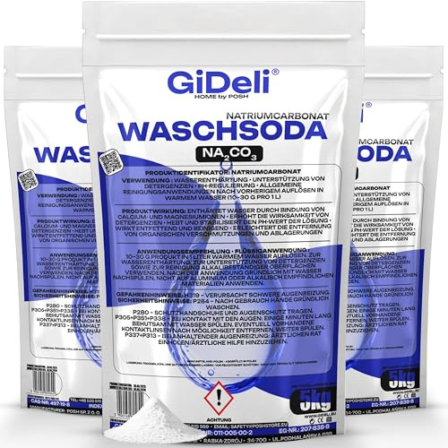 GiDeli Waschsoda 3x5kg - Soda i pulver för blekning och avfärgning - Rengöringsmedel för tvättmaskin och avloppsrengörare - Natriumkarbonat för vidbrända kastruller samt för rengöring av kakel