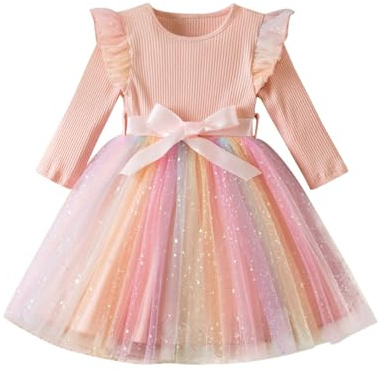 JiAmy Robes en tulle côtelé pour filles - Robe de printemps à paillettes - Manches volantes - Arc-en-ciel - Pour enfants de 1 à 6 ans, 02 - Rose, 2-3 ans