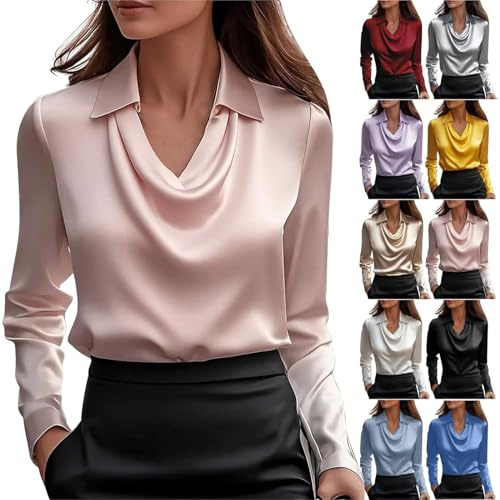 Blusas Informales de satén Elegantes para Mujer, Blusas holgadas de Manga Larga para Oficina, Blusas de satén con Cuello Vuelto y Manga Larga para Trabajo y Oficina. (Pinks,L)