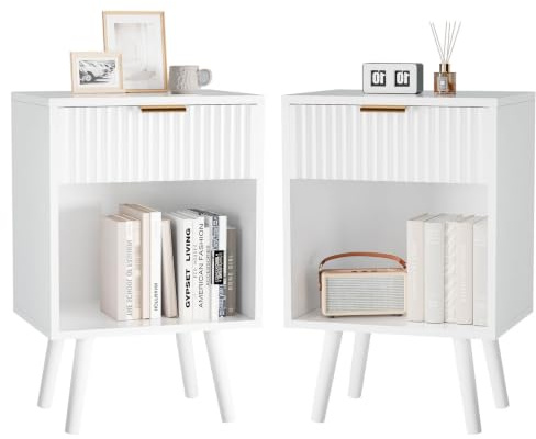 YMYNY Set di 2 Comodini, Tavolino in Legno, Cassetti decorati in ondulata, Scomparto Aperto, Maniglia dorata, Piedi in legno massiccio, per Camera da Letto, Soggiorno, Bianco Classico HST013W-2