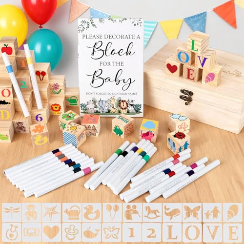 128 Pezzi Set di Giochi per Baby Shower, Blocchi di Pittura Creativa con 48 Blocchi di Legno, 24 Matite Colorate, 54 Stencil e Scatola di Legno per la Festa di Rivelazione del Sesso