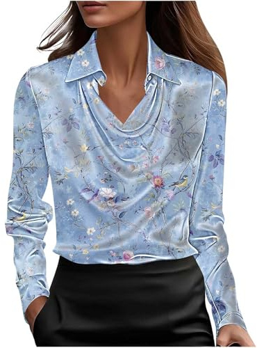 Chemisier Femme Satin Blouse Femme Chic et élégant Col en V Shirts Tops Manches Longues Casual Chemise Soie Mode Décontracté Tee Shirt Imprimé Floral Classique Blouse Printemps Ample
