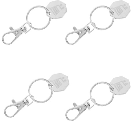 Roleader 4pcs Stainless Steel Shopping Trolley Keychain Set with Metal Cart Coins for Grocery and Supermarket Use, Sturdy Trolley Coin Holder Key Rings for Men and Women
