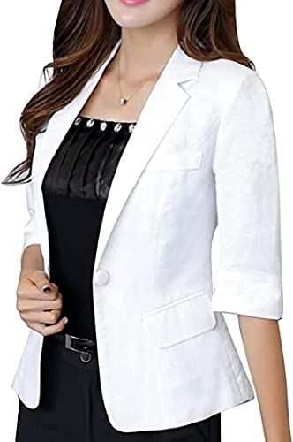 Jofemuho Womens Casual Solid Cotton Linen 3/4 Sleeve Short OL Work Blazer Jacket Coat Pocket with Flip Cover, White, S