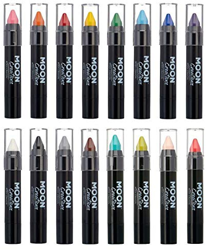 Moon Creations Face Paint Stick Body Crayons | Set of 16 | 3.2g | Sweat Proof & Water-Resistant Face Paint | Cruelty Free, Made in UK | For Kids, Adults, Fancy Dress, Festivals, Halloween