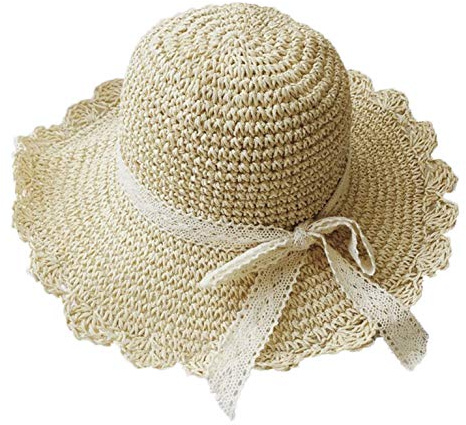 RUIXIA Chapeau Enfant de Paille - Bob Soleil Fille à Large Bord, Capeline Anti Soleil Panama avec Nœud Papillon pour Plage, Voyage, Loisir Été