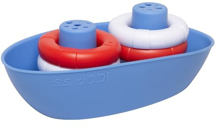 Ubbi Boat and Buoy Bath Toy, Silicone Toddler Bath Toys, Interactive Stacking Rings and Rain Effect, Learning and Development Toys For Baby, Dishwasher Safe
