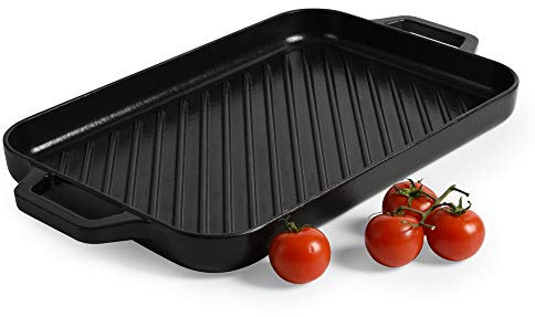 ProCook Matte Black Rectangular Cast Iron Griddle with Ridged Inner Base Enamel Coated Induction & Oven Safe Cookware - 36 x 24 x 3 cm