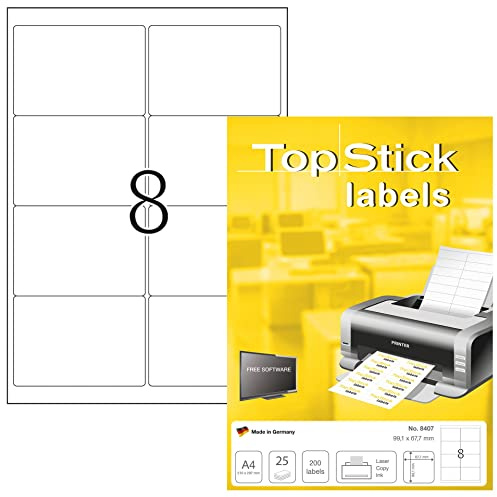 TopStick 8407 adressetiketter A4 (99,1 x 67,7 mm, 25 ark, papper, matt) självhäftande, utskrivbara, permanenta universella etiketter, 200 klistermärken, vit