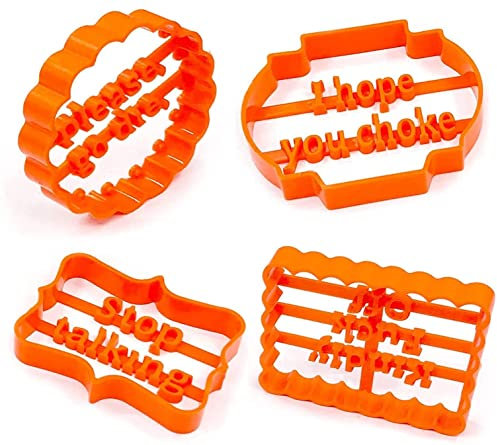 i-QiQi 4 Pcs Irreverent Phrase Biscuit Cutter Halloween Rude Sayings Cookie Mold Plastic Funny Cookie Moulds for DIY Baking Biscuit for DIY Cake Baking Decoration Supplies Favors.