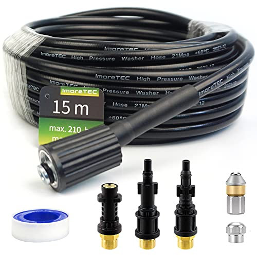IMORETEC Desatascador Limpia Tuberías a Presión Profesional, 15m, 210 Bar, 60°, Manguera compatible con Hidrolimpiadoras de Alta Presión Karcher K2 - K7, Lavor, Bosch AQT y Otras Marcas