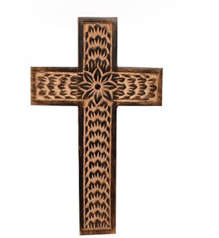 Samhita Mango Wood Wall Cross, Jesus Christ Floral Carving Family Cross Decor,Home Decoration (25.4cm x 15.24cm x 1.27cm)