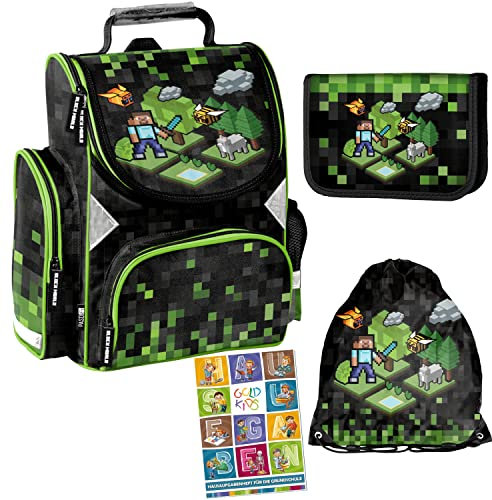Goldkids Schulranzen Set Game Pixel ergonomischer Ranzen Federmappe Turnbeutel Aufgabenheft für die Grundschule 4er Set. Geeignet ab der ersten Klasse der Grundschule.
