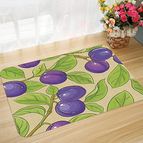 ESVET Badematte,Super Absorbierend Badematte 60x100 cm, Zweige Sich wiederholende Blaue Violette Pflaumen und Blätter Sommerfrucht frische,für Badteppich Badewanne,Duschteppich,Fußmatte Bad,Küche