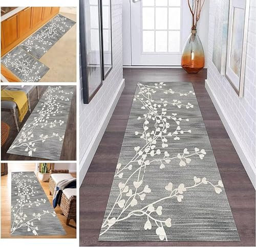 ZDYHMrj Läufer Teppich Lang Flur rutschfest Waschbar 40X60CM Küche Korridor TeppichLäufer für Flur Grau Schlafzimmer Wohnzimmer Polyester Teppichmatte Dauerhaft, Anpassbar Küchenteppich